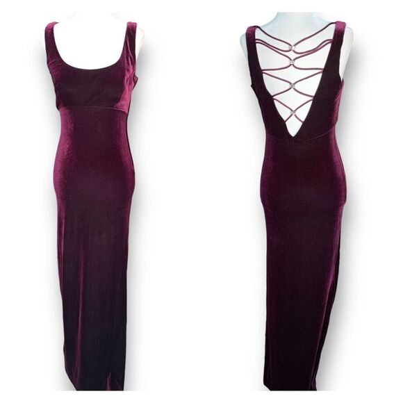 Vintage 90s Maxi Dress Burgundy Velvet Gown Criss-Cross Open Back Column Prom - Picture 14 of 14